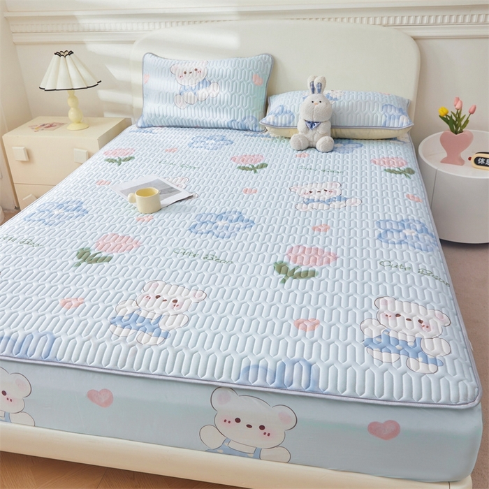 91家纺网 家纺一手货源 找家纺 雯豆2025夏季新品0.4乳胶凉席床笠款三件套凉感丝印花纯色床罩 乳胶床笠-元气满满