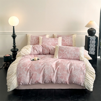 91家纺网 家纺一手货源 找家纺 （总）一左一右2025春夏新款法式少女风数码印花褶皱花边水洗棉磨毛四件套