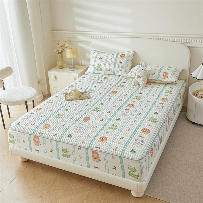 91家纺网 家纺一手货源 找家纺 雯豆2025夏季新品0.4乳胶凉席床笠款三件套凉感丝印花纯色床罩 乳胶床笠-动物聚会