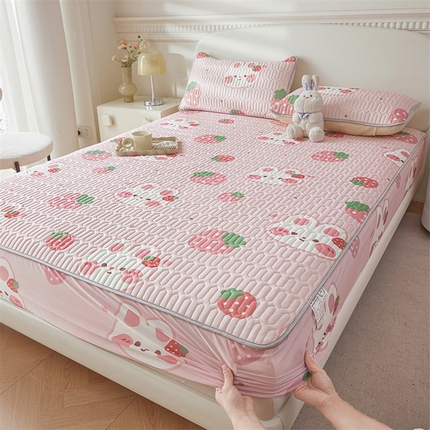 雯豆2025夏季新品0.4乳胶凉席床笠款三件套凉感丝印花纯色床罩 乳胶床笠-草莓兔1