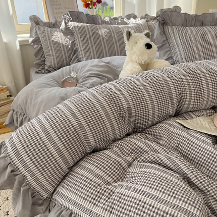 十里居 2025新款泡泡纱提花韩版公主格水洗棉花边款四件套 月光灰