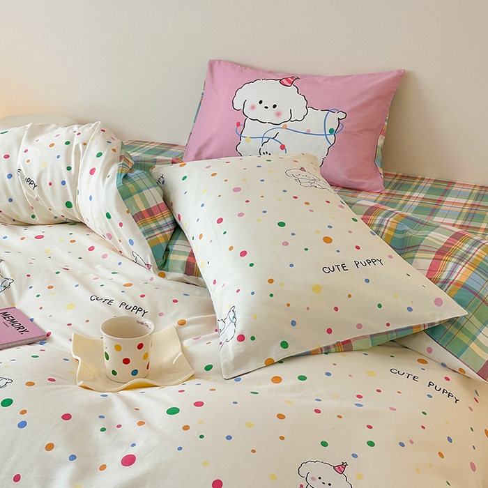 91家纺网 家纺一手货源 找家纺 典曼家纺 2025新款13372印花小清新四件套 波点狗