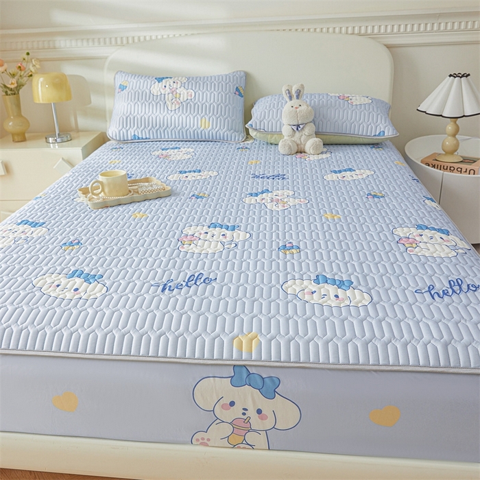 91家纺网 家纺一手货源 找家纺 雯豆2025夏季新品0.4乳胶凉席床笠款三件套凉感丝印花纯色床罩 乳胶床笠-萌萌狗1