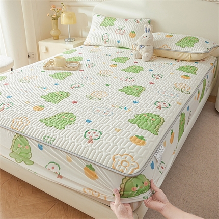 91家纺网 家纺一手货源 找家纺 雯豆2025夏季新品0.4乳胶凉席床笠款三件套凉感丝印花纯色床罩 乳胶床笠-恐龙乐园