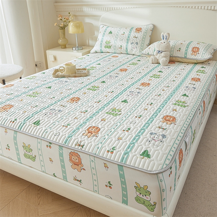 91家纺网 家纺一手货源 找家纺 雯豆2025夏季新品0.4乳胶凉席床笠款三件套凉感丝印花纯色床罩 乳胶床笠-动物聚会