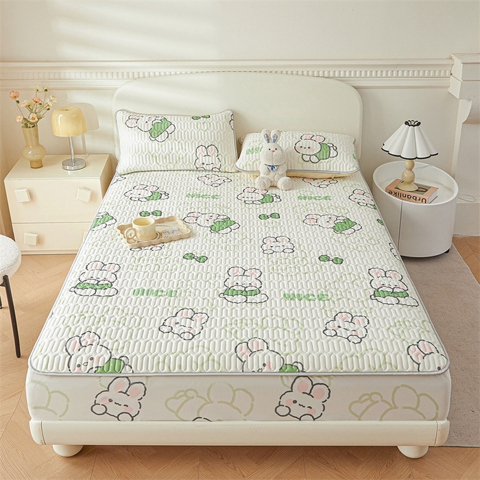 91家纺网 家纺一手货源 找家纺 雯豆2025夏季新品0.4乳胶凉席床笠款三件套凉感丝印花纯色床罩 乳胶床笠-布兰卡