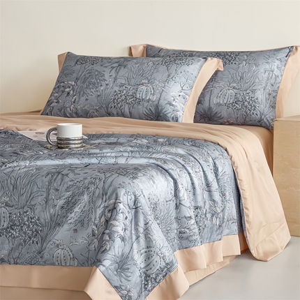 91家纺网 家纺一手货源 找家纺 （总）梦幻之城 2025新款水洗真丝数码印花拼角款夏被四件套