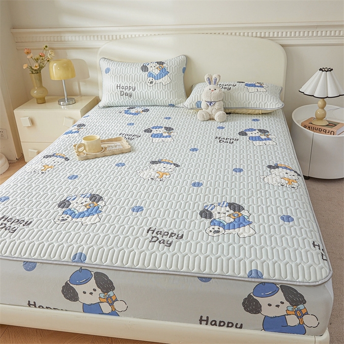 91家纺网 家纺一手货源 找家纺 雯豆2025夏季新品0.4乳胶凉席床笠款三件套凉感丝印花纯色床罩 乳胶床笠-小狗蒙迪1