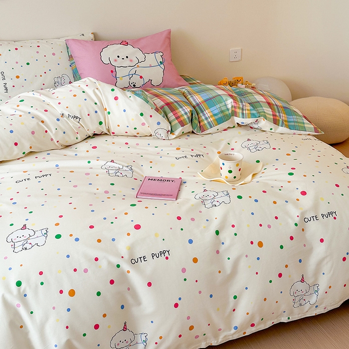 91家纺网 家纺一手货源 找家纺 典曼家纺 2025新款13372印花小清新四件套 波点狗