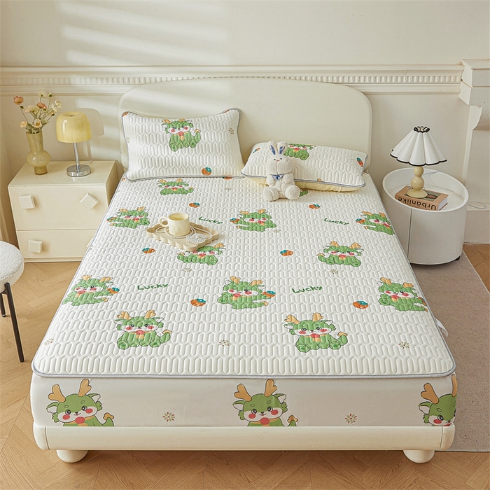 91家纺网 家纺一手货源 找家纺 雯豆2025夏季新品0.4乳胶凉席床笠款三件套凉感丝印花纯色床罩 乳胶床笠-吉祥龙