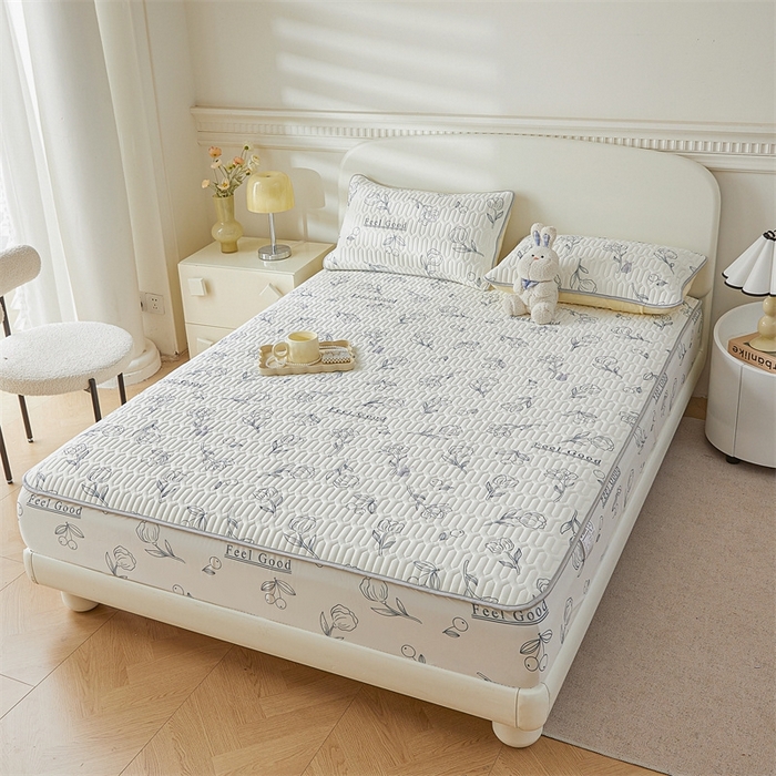 91家纺网 家纺一手货源 找家纺 雯豆2025夏季新品0.4乳胶凉席床笠款三件套凉感丝印花纯色床罩 乳胶床笠-摇曳花开