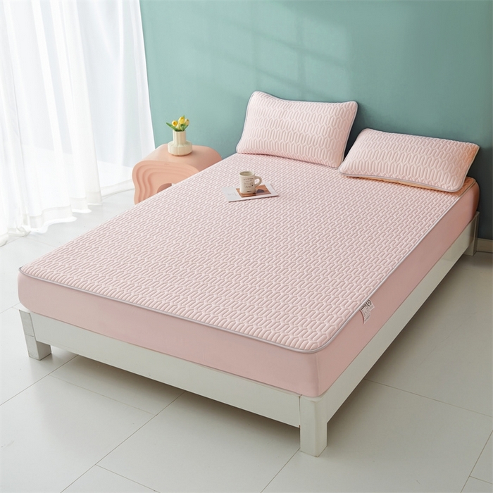 91家纺网 家纺一手货源 找家纺 雯豆2025夏季新品0.4乳胶凉席床笠款三件套凉感丝纯色席梦思床罩 纯色乳胶床笠-淡雅粉