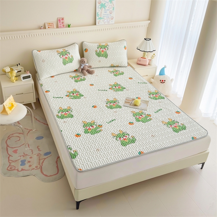 91家纺网 家纺一手货源 找家纺 雯豆2025夏季新品0.4乳胶凉席平铺款三件套凉感丝小清新印花席梦思床罩 乳胶凉席-吉祥龙