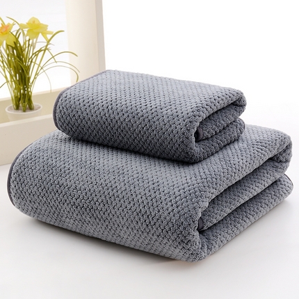 彩虹新款加厚加大珊瑚绒菠萝格方巾毛巾浴巾套装外贸跨境大浴巾吸水加厚大毛巾浴巾两件套 菠萝格深灰毛巾浴巾组合