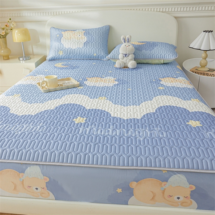 91家纺网 家纺一手货源 找家纺 雯豆2025夏季新品0.4乳胶凉席床笠款三件套凉感丝印花纯色床罩 乳胶床笠-晚安