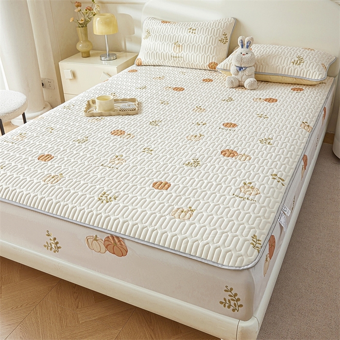 91家纺网 家纺一手货源 找家纺 雯豆2025夏季新品0.4乳胶凉席床笠款三件套凉感丝印花纯色床罩 乳胶床笠-吉祥南瓜1