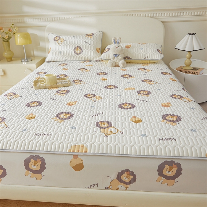 91家纺网 家纺一手货源 找家纺 雯豆2025夏季新品0.4乳胶凉席床笠款三件套凉感丝印花纯色床罩 乳胶床笠小狮子