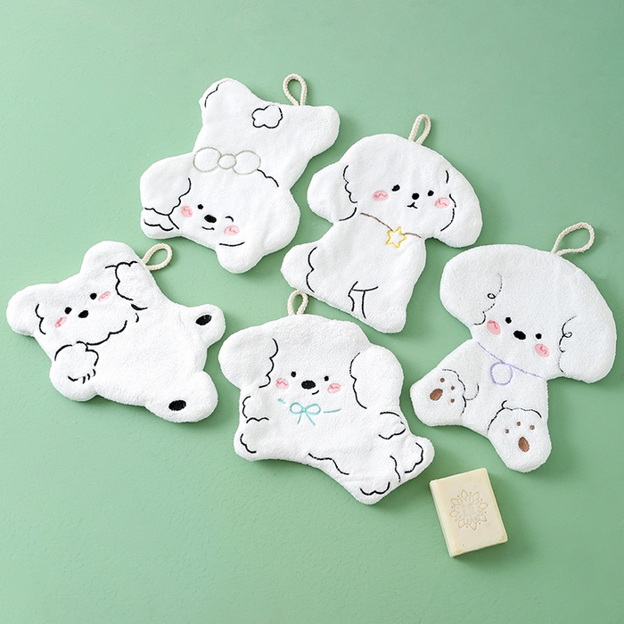 91家纺网 家纺一手货源 找家纺 彩虹毛巾 2025新款卡通小狗擦手巾厨房卫生间擦手帕 蝴蝶结狗