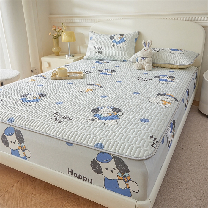 91家纺网 家纺一手货源 找家纺 雯豆2025夏季新品0.4乳胶凉席床笠款三件套凉感丝印花纯色床罩 乳胶床笠-小狗蒙迪1