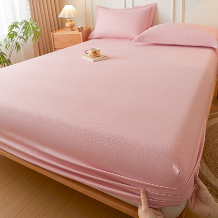 91家纺网 家纺一手货源 找家纺 2025内销外贸压花磨毛单床笠三件套 简约-玫瑰粉