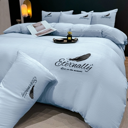 麒东家纺 2025年新款刺绣水洗棉四件套羽毛系列 蓝色