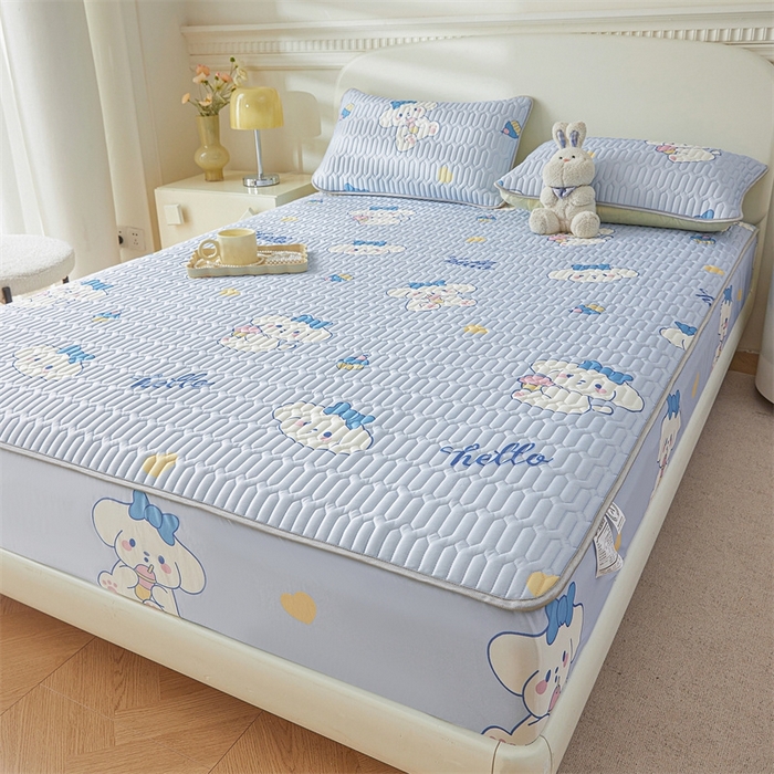 91家纺网 家纺一手货源 找家纺 雯豆2025夏季新品0.4乳胶凉席床笠款三件套凉感丝印花纯色床罩 乳胶床笠-萌萌狗1