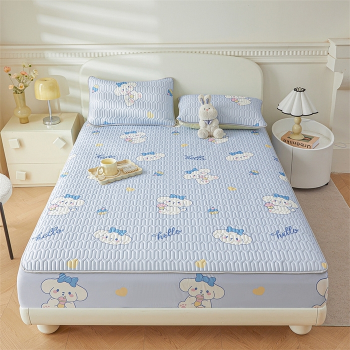 91家纺网 家纺一手货源 找家纺 雯豆2025夏季新品0.4乳胶凉席床笠款三件套凉感丝印花纯色床罩 乳胶床笠-萌萌狗1