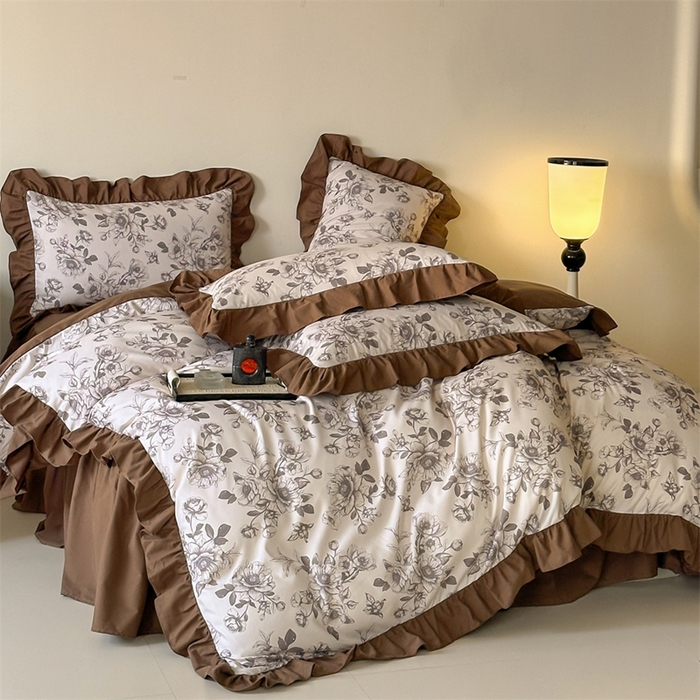 91家纺网 家纺一手货源 找家纺 （总）一左一右2025春夏新款数码印花法式复古花边磨毛水洗棉四件套