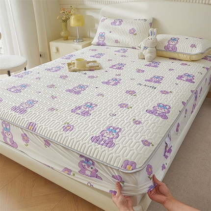 雯豆2025夏季新品0.4乳胶凉席床笠款三件套凉感丝印花纯色床罩 乳胶床笠-妮娜兔