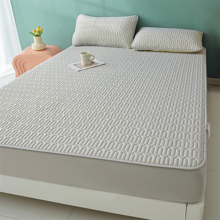 91家纺网 家纺一手货源 找家纺 雯豆2025夏季新品0.4乳胶凉席床笠款三件套凉感丝纯色席梦思床罩 纯色乳胶床笠-淡雅灰