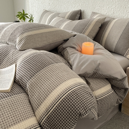 宜代光年 2025新款全棉色织提花华夫格四件套 华夫格-灰