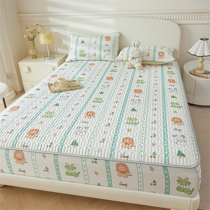 91家纺网 家纺一手货源 找家纺 雯豆2025夏季新品0.4乳胶凉席床笠款三件套凉感丝印花纯色床罩 乳胶床笠-动物聚会