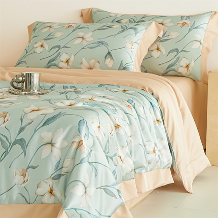 91家纺网 家纺一手货源 找家纺 （总）梦幻之城 2025新款水洗真丝数码印花拼角款夏被四件套