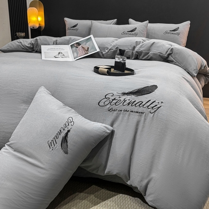 麒东家纺 2025年新款刺绣水洗棉四件套羽毛系列 灰色