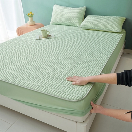 91家纺网 家纺一手货源 找家纺 雯豆2025夏季新品0.4乳胶凉席床笠款三件套凉感丝印花纯色床罩 乳胶床笠-青柠绿