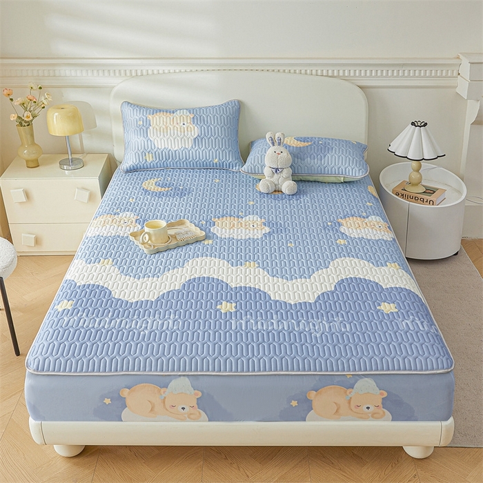 91家纺网 家纺一手货源 找家纺 雯豆2025夏季新品0.4乳胶凉席床笠款三件套凉感丝印花纯色床罩 乳胶床笠-晚安