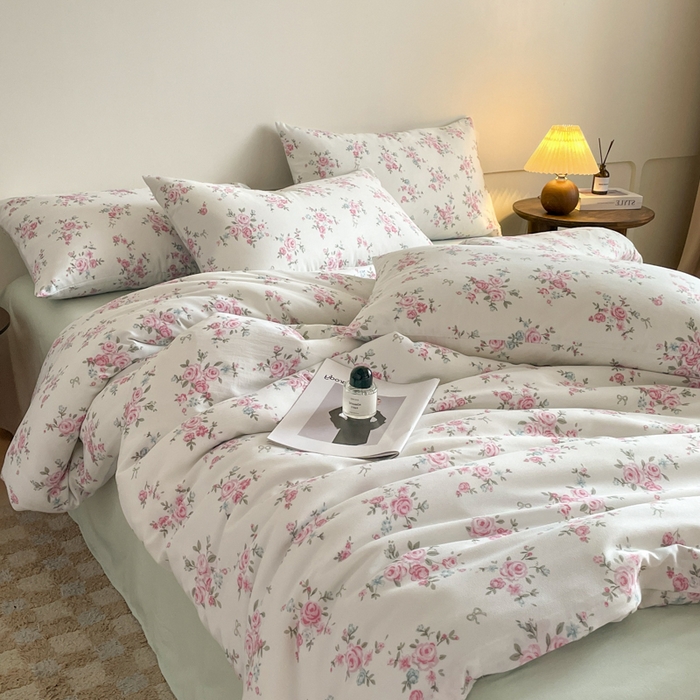 91家纺网 家纺一手货源 找家纺 诺梵家纺 2025新款有氧双层纱印花四件套 粉色蔷薇