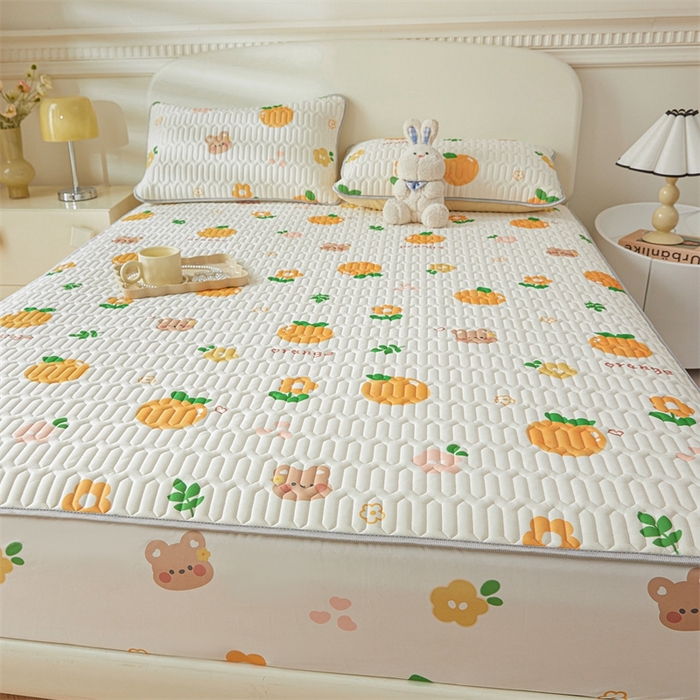 91家纺网 家纺一手货源 找家纺 雯豆2025夏季新品0.4乳胶凉席床笠款三件套凉感丝印花纯色床罩 乳胶床笠-趣多多