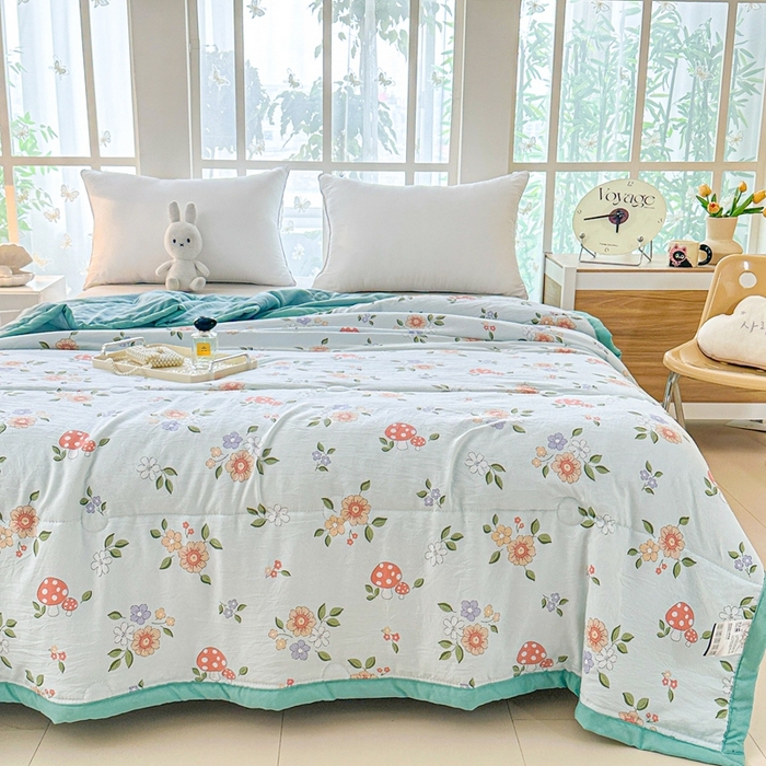 91家纺网 家纺一手货源 找家纺 好欣怡家纺 2026新款水洗棉夏被空调被被子被芯印花小清新夏凉被直播热款 水洗棉包边款-小蘑菇