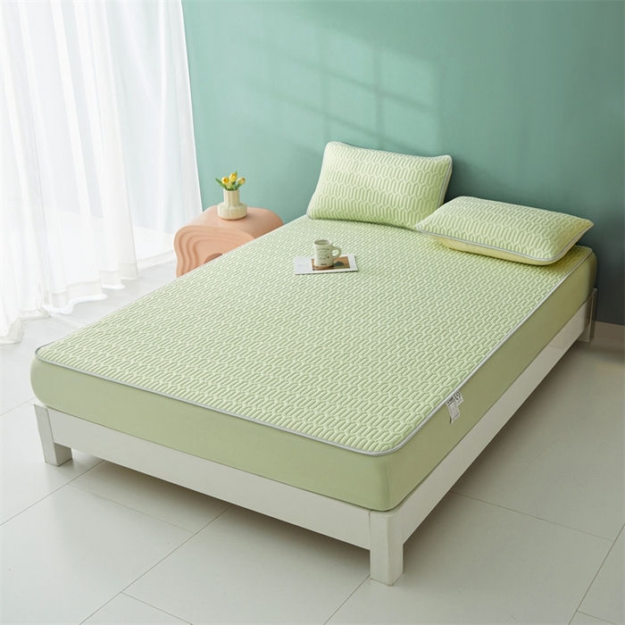 91家纺网 家纺一手货源 找家纺 雯豆2025夏季新品0.4乳胶凉席床笠款三件套凉感丝印花纯色床罩 乳胶床笠-丁香绿