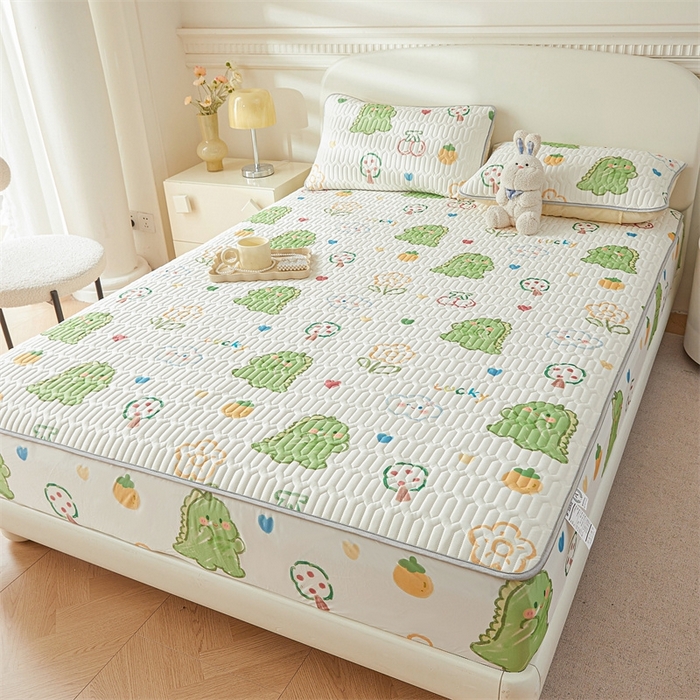 91家纺网 家纺一手货源 找家纺 雯豆2025夏季新品0.4乳胶凉席床笠款三件套凉感丝印花纯色床罩 乳胶床笠-恐龙乐园