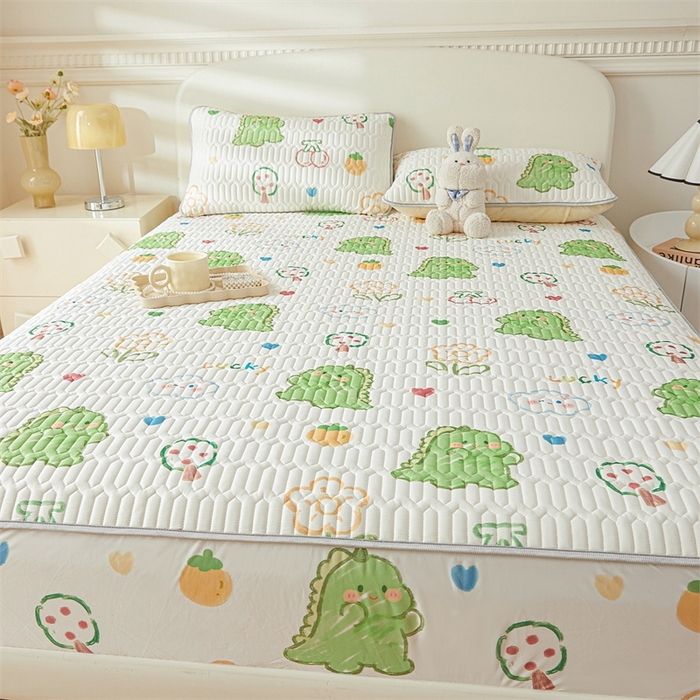 91家纺网 家纺一手货源 找家纺 雯豆2025夏季新品0.4乳胶凉席床笠款三件套凉感丝印花纯色床罩 乳胶床笠-恐龙乐园