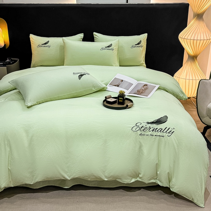 91家纺网 家纺一手货源 找家纺 （总）麒东家纺 2025年新款刺绣水洗棉四件套羽毛系列