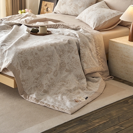 宜代光年 2025新款60s水洗棉提花夏被套件 牡丹-咖