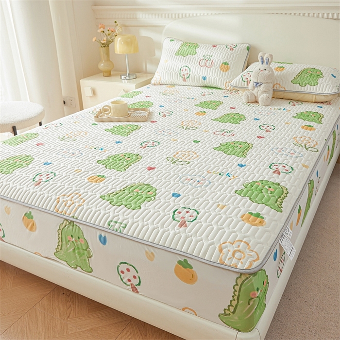 91家纺网 家纺一手货源 找家纺 雯豆2025夏季新品0.4乳胶凉席床笠款三件套凉感丝印花纯色床罩 乳胶床笠-恐龙乐园