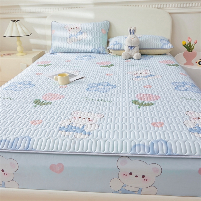 91家纺网 家纺一手货源 找家纺 雯豆2025夏季新品0.4乳胶凉席床笠款三件套凉感丝印花纯色床罩 乳胶床笠-元气满满