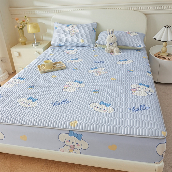 91家纺网 家纺一手货源 找家纺 雯豆2025夏季新品0.4乳胶凉席床笠款三件套凉感丝印花纯色床罩 乳胶床笠-萌萌狗1