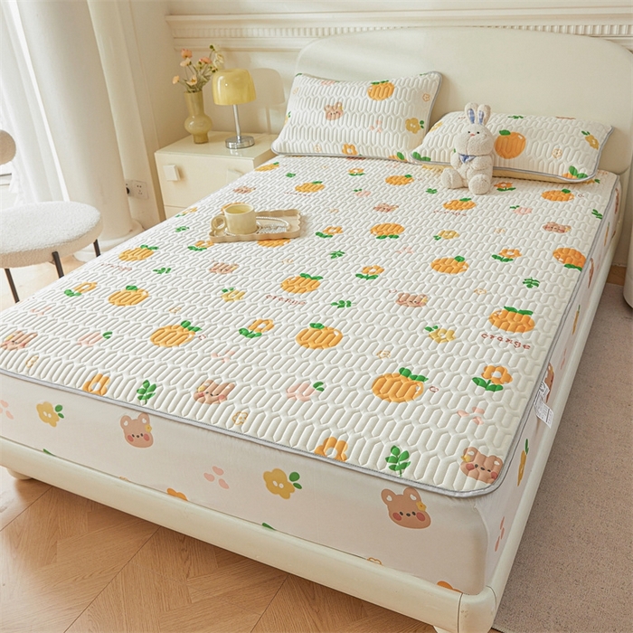 91家纺网 家纺一手货源 找家纺 雯豆2025夏季新品0.4乳胶凉席床笠款三件套凉感丝印花纯色床罩 乳胶床笠-趣多多