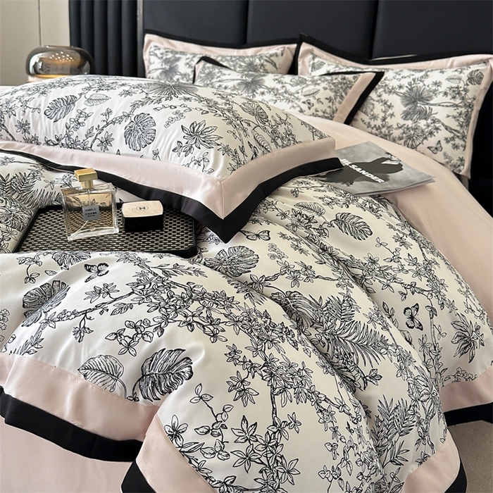 91家纺网 家纺一手货源 找家纺 一左一右2025春夏新款轻奢美式复古花卉数码印花双拼磨毛水洗棉四件套维也纳 维也纳-粉