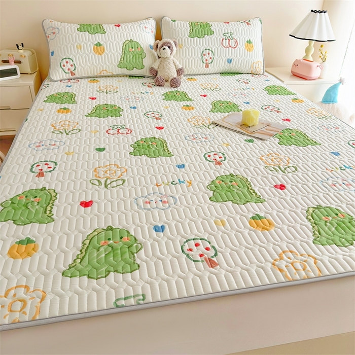 91家纺网 家纺一手货源 找家纺 雯豆2025夏季新品0.4乳胶凉席平铺款三件套凉感丝小清新印花席梦思床罩 乳胶凉席-恐龙乐园